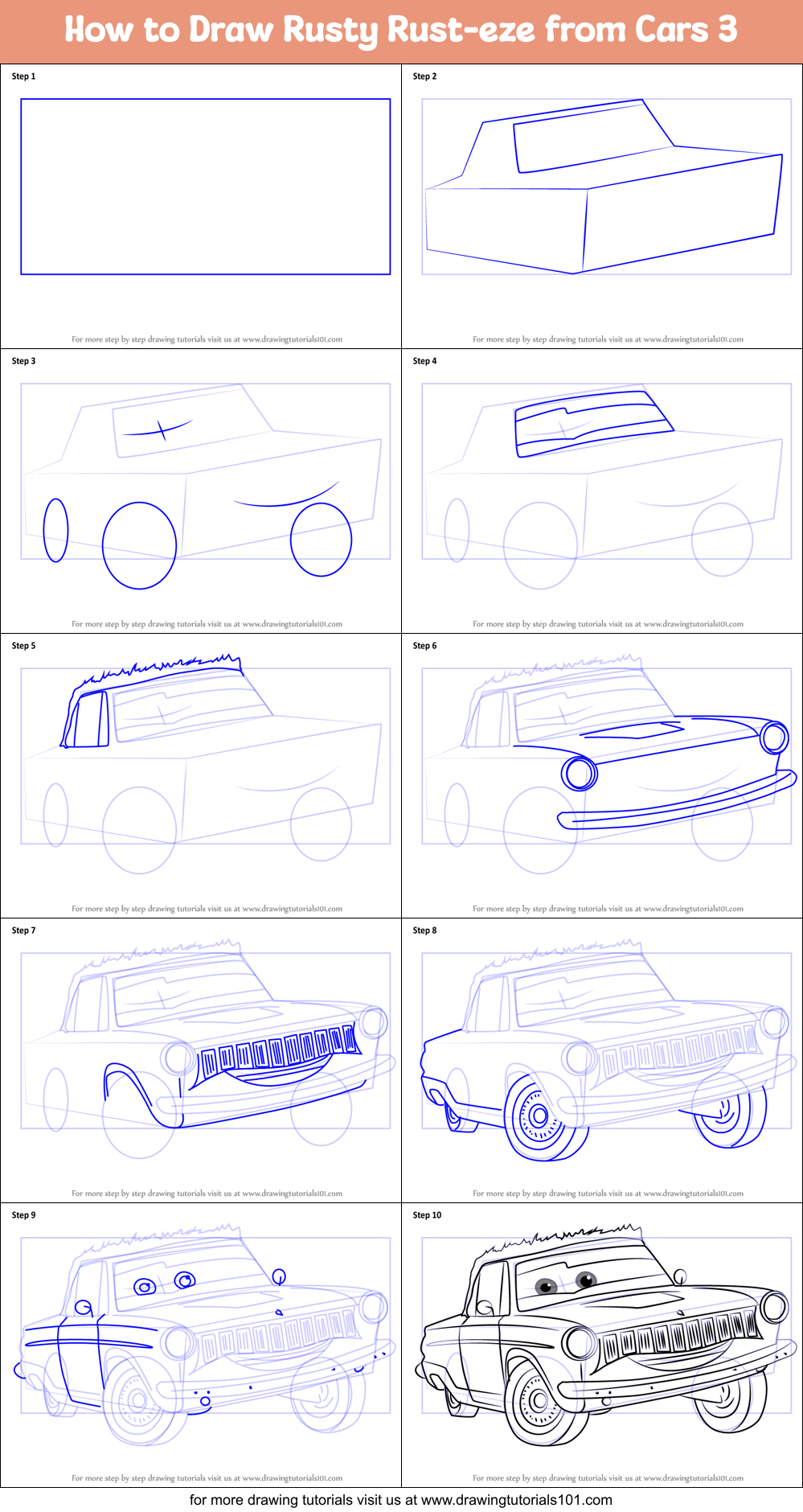 How to Draw Rusty Rust-eze from Cars 3 Printable Step by Step