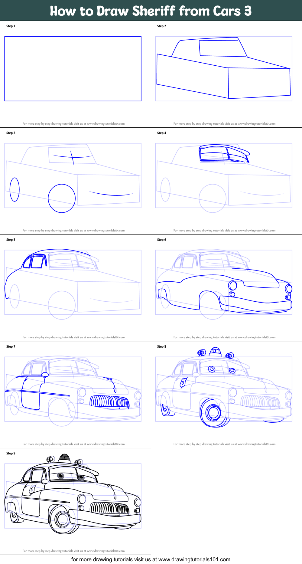 How to Draw Sheriff from Cars 3 Printable Step by Step