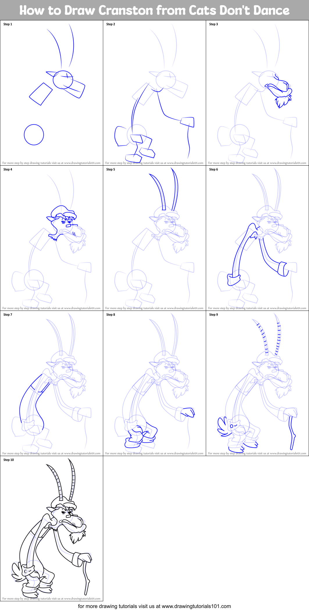 How to Draw Cranston from Cats Don't Dance Printable Step by Step