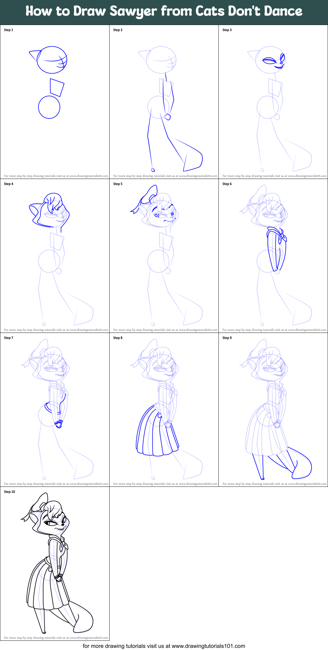 How to Draw Sawyer from Cats Don't Dance Printable Step by Step