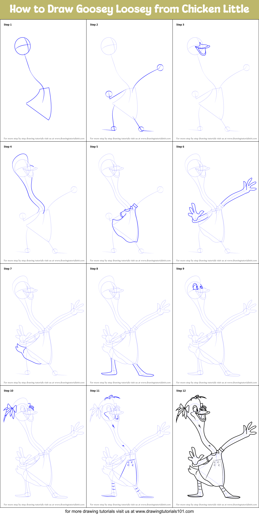How to Draw Goosey Loosey from Chicken Little Printable Step by Step
