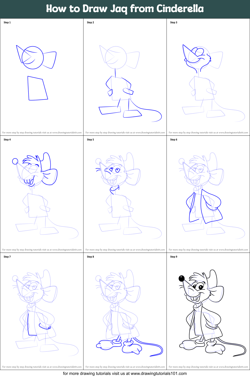 How to Draw Jaq from Cinderella Printable Step by Step