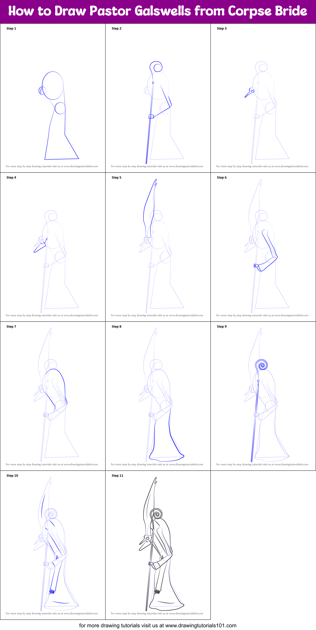 How to Draw Pastor Galswells from Corpse Bride Printable Step by Step