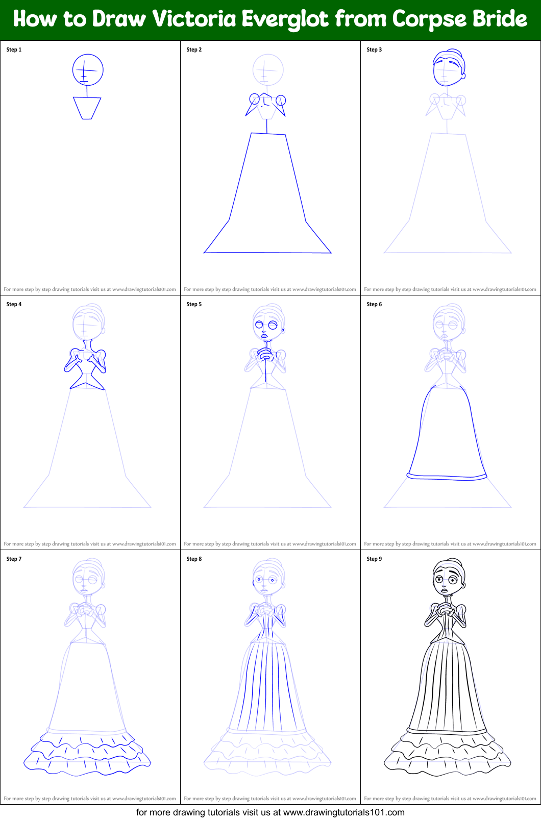 How to Draw Victoria Everglot from Corpse Bride Printable Step by Step