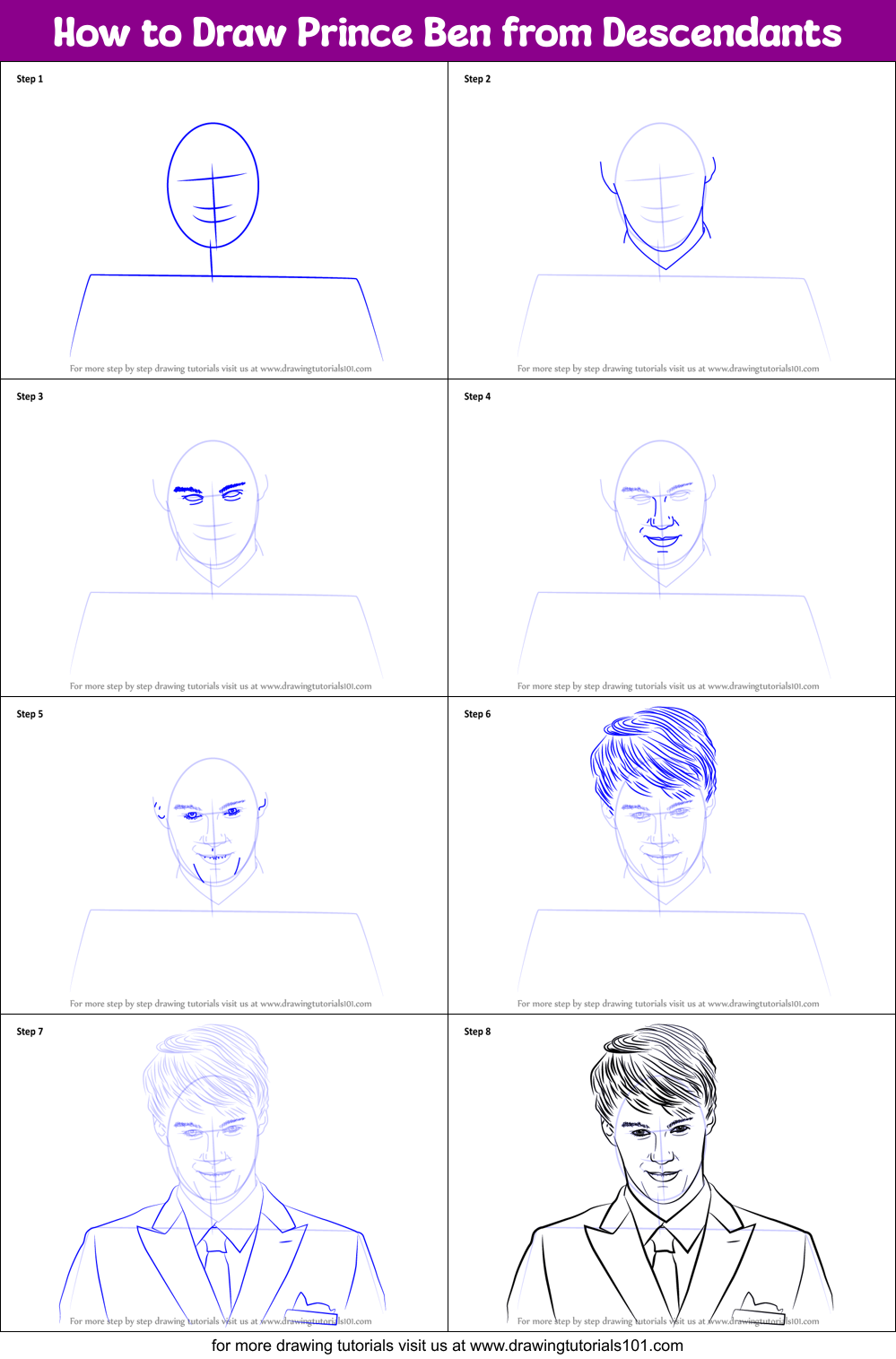 How to Draw Prince Ben from Descendants Printable Step by Step
