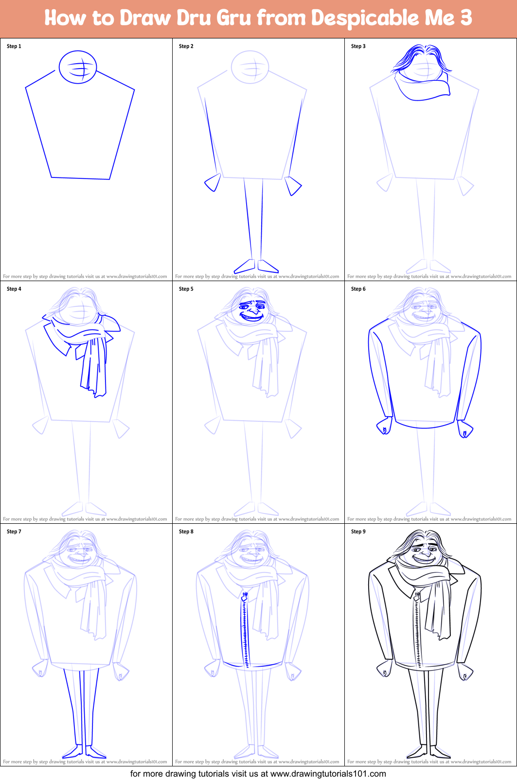 How to Draw Dru Gru from Despicable Me 3 Printable Step by Step