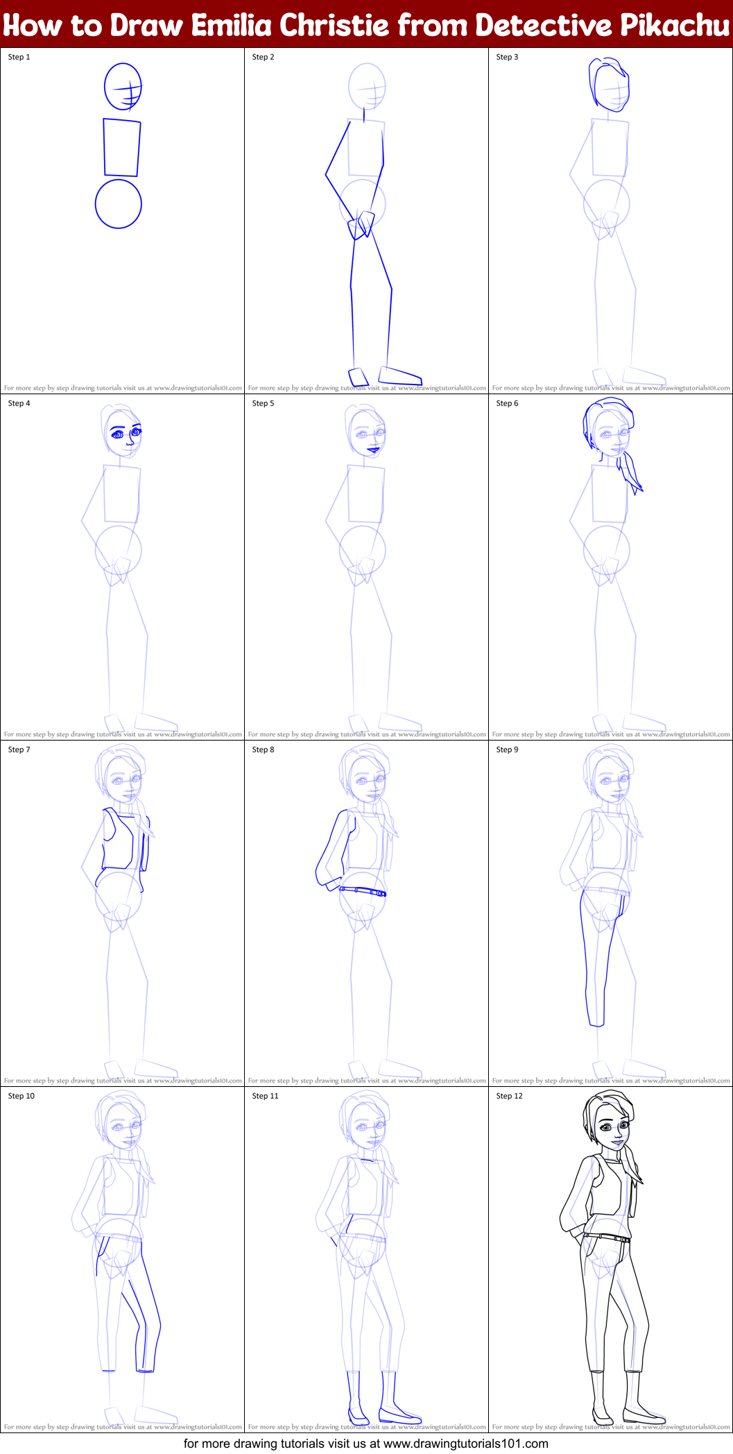 How to Draw Emilia Christie from Detective Pikachu Printable Step by Step
