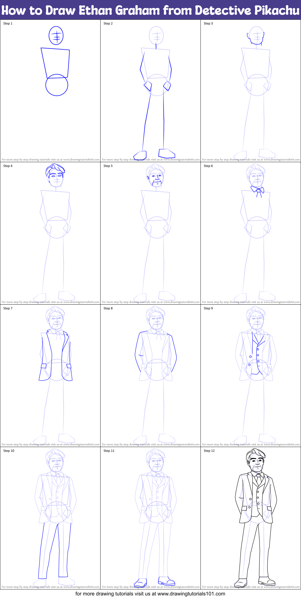 How to Draw Ethan Graham from Detective Pikachu Printable Step by Step