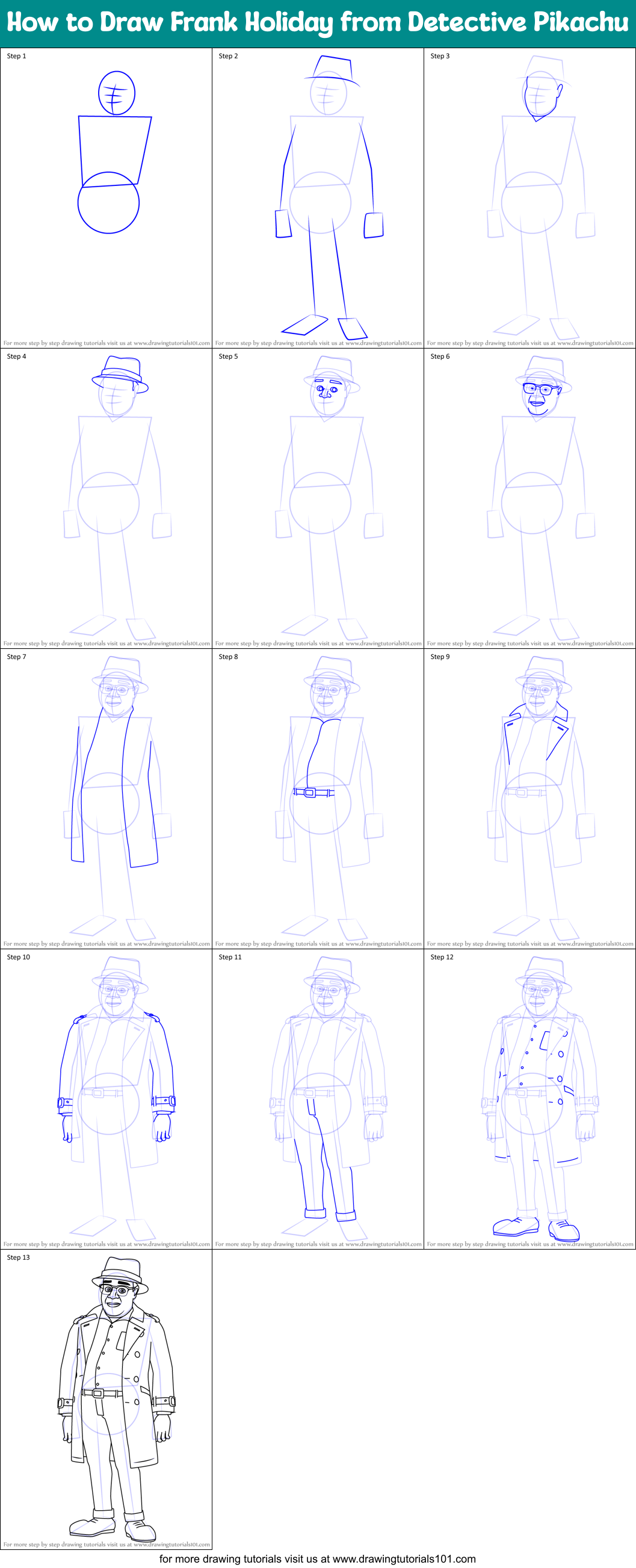 How to Draw Frank Holiday from Detective Pikachu Printable Step by Step