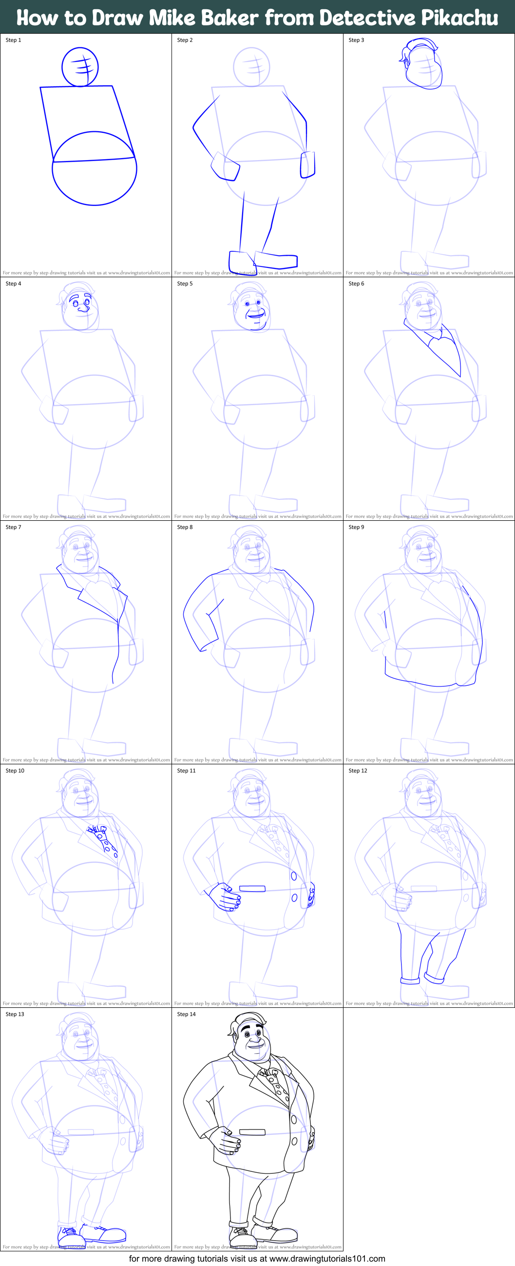 How to Draw Mike Baker from Detective Pikachu Printable Step by Step