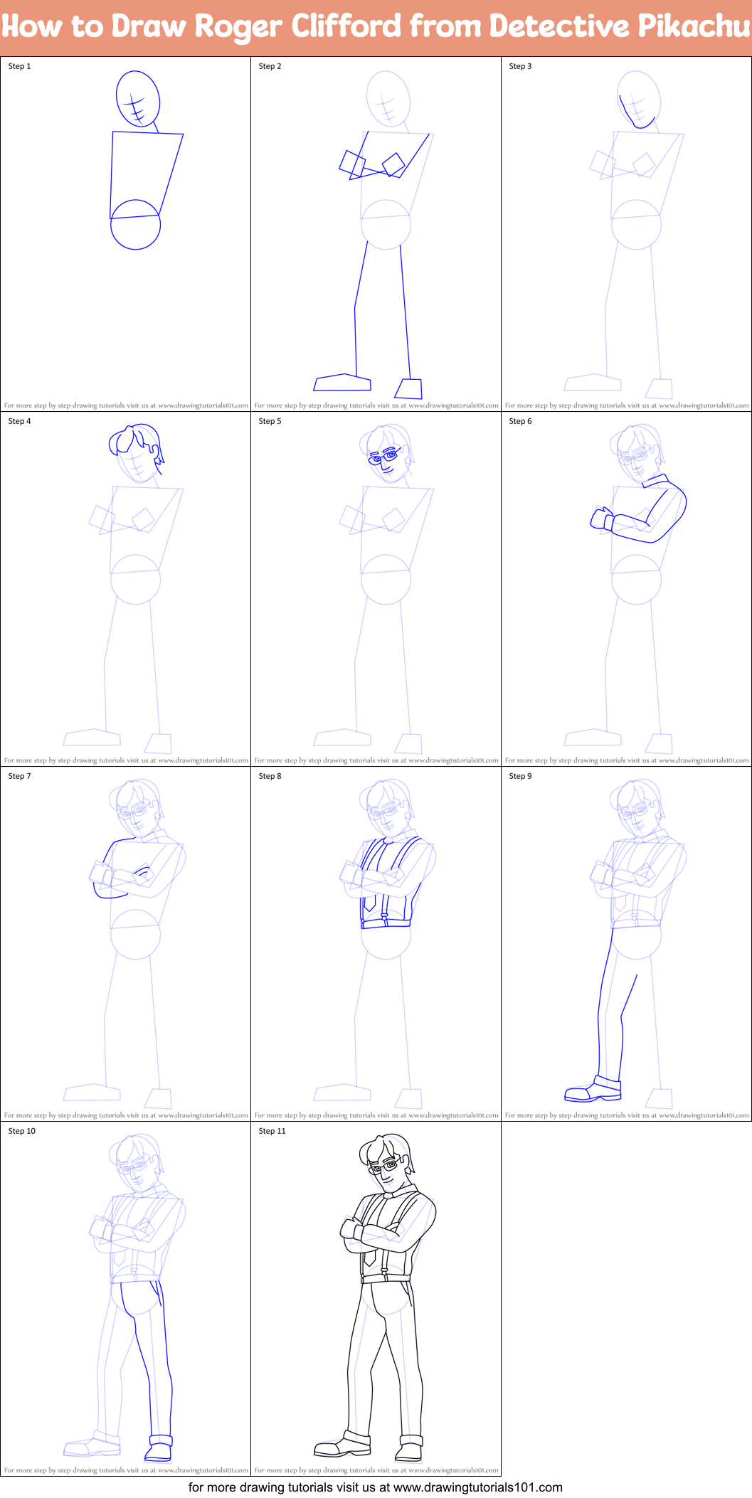 How to Draw Roger Clifford from Detective Pikachu Printable Step by Step