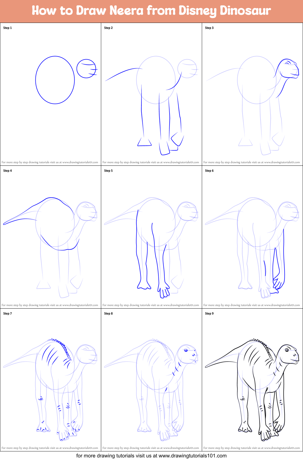 How to Draw Neera from Disney Dinosaur Printable Step by Step