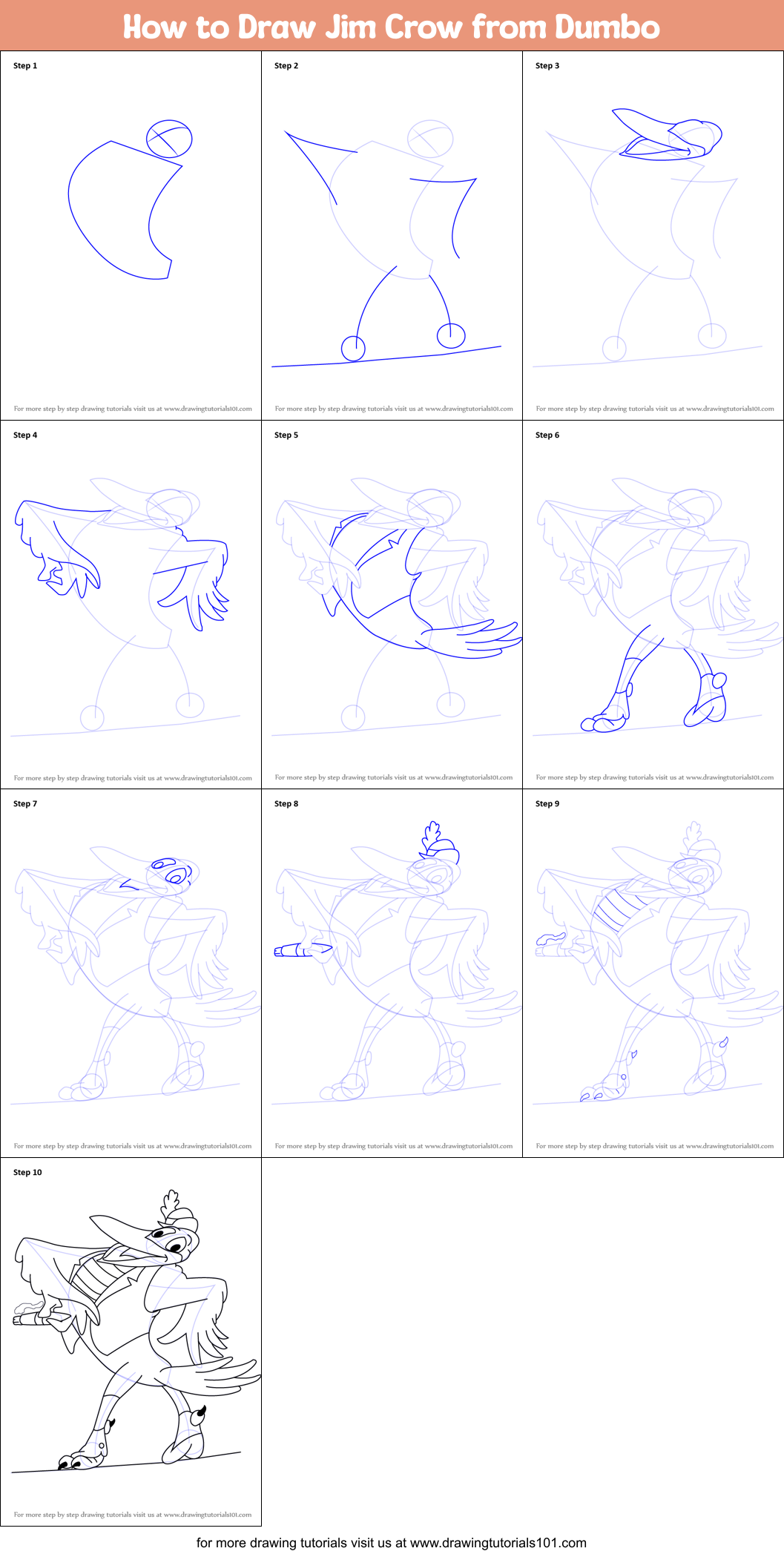 How to Draw Jim Crow from Dumbo Printable Step by Step