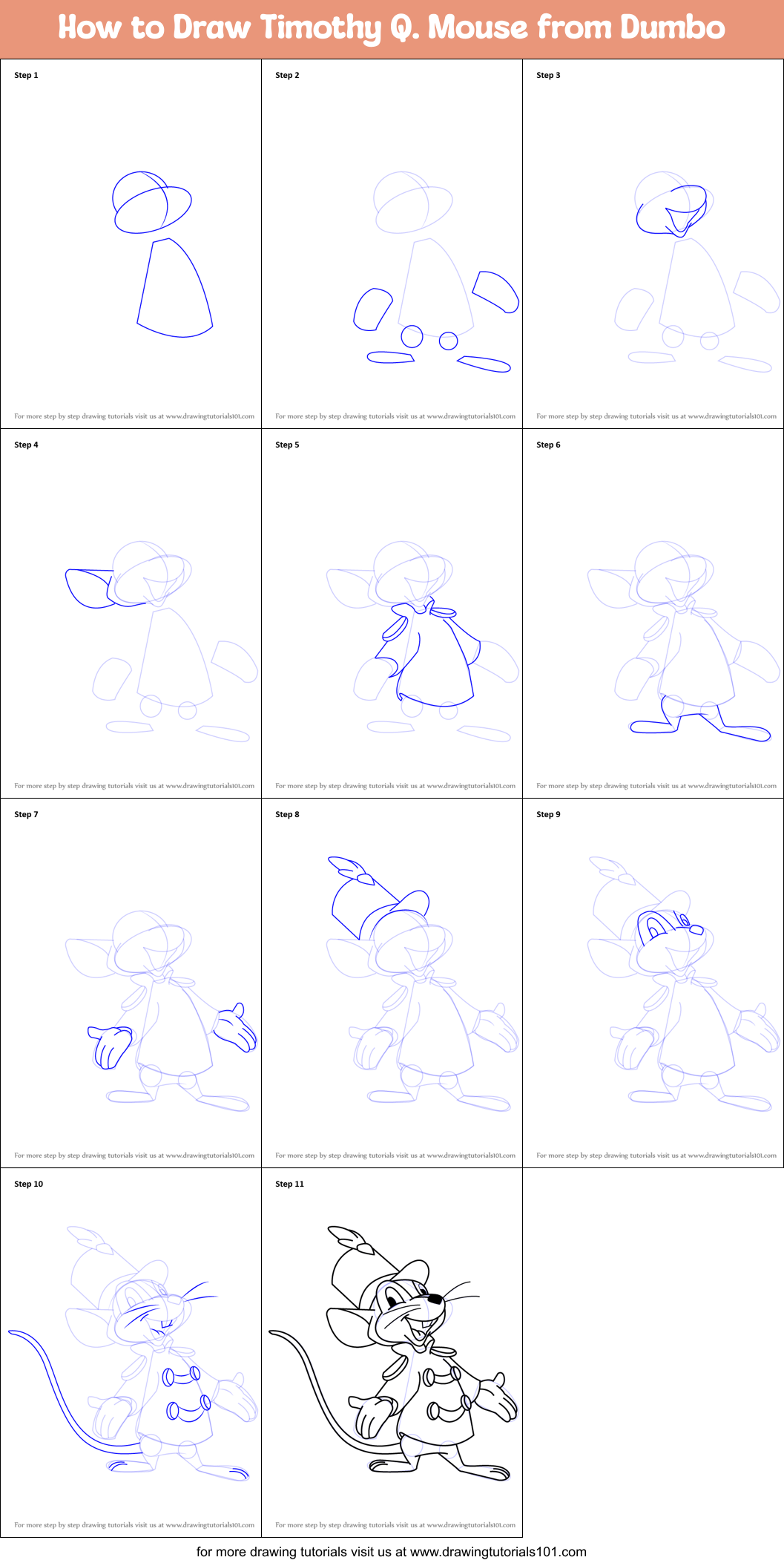 How to Draw Timothy Q. Mouse from Dumbo Printable Step by Step
