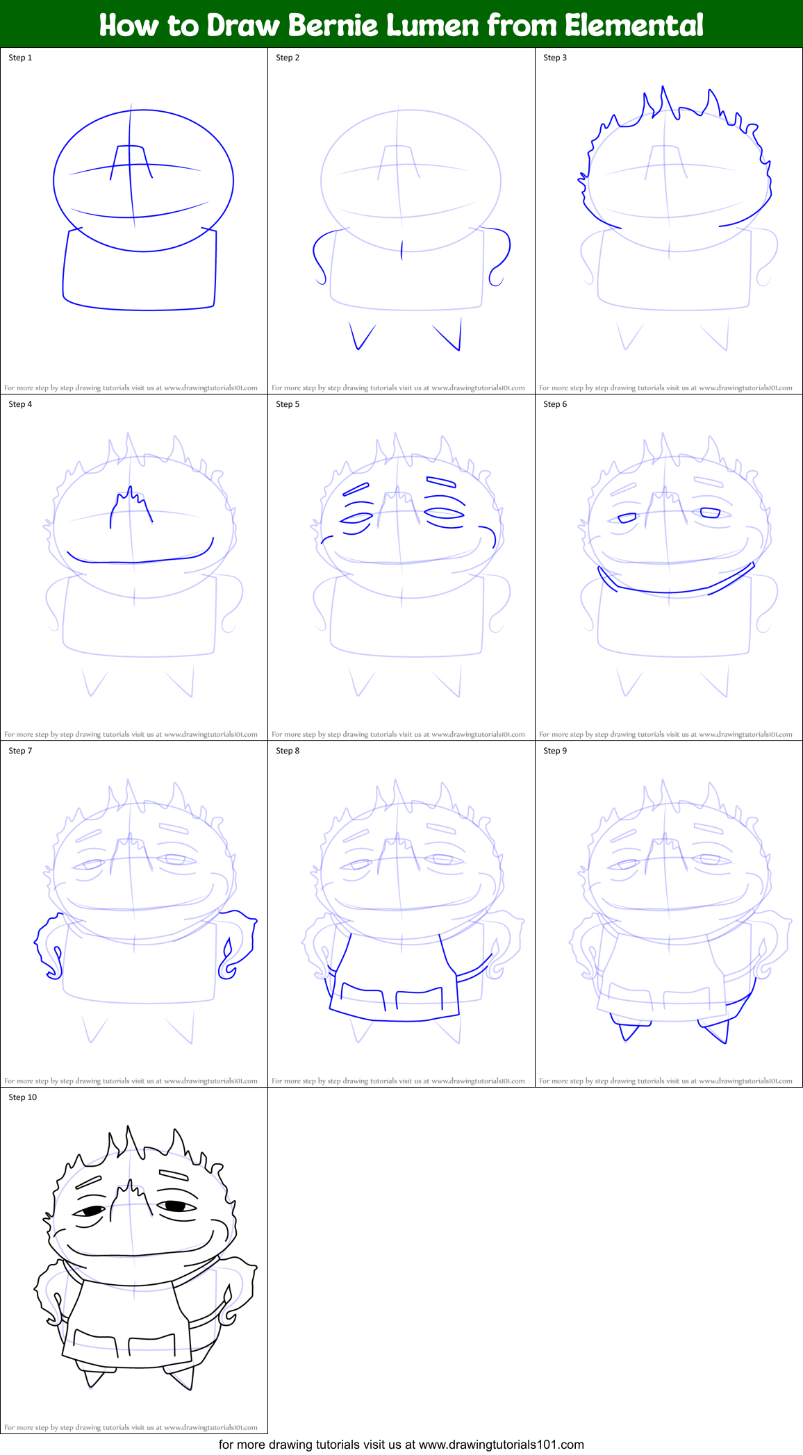 How to Draw Bernie Lumen from Elemental Printable Step by Step