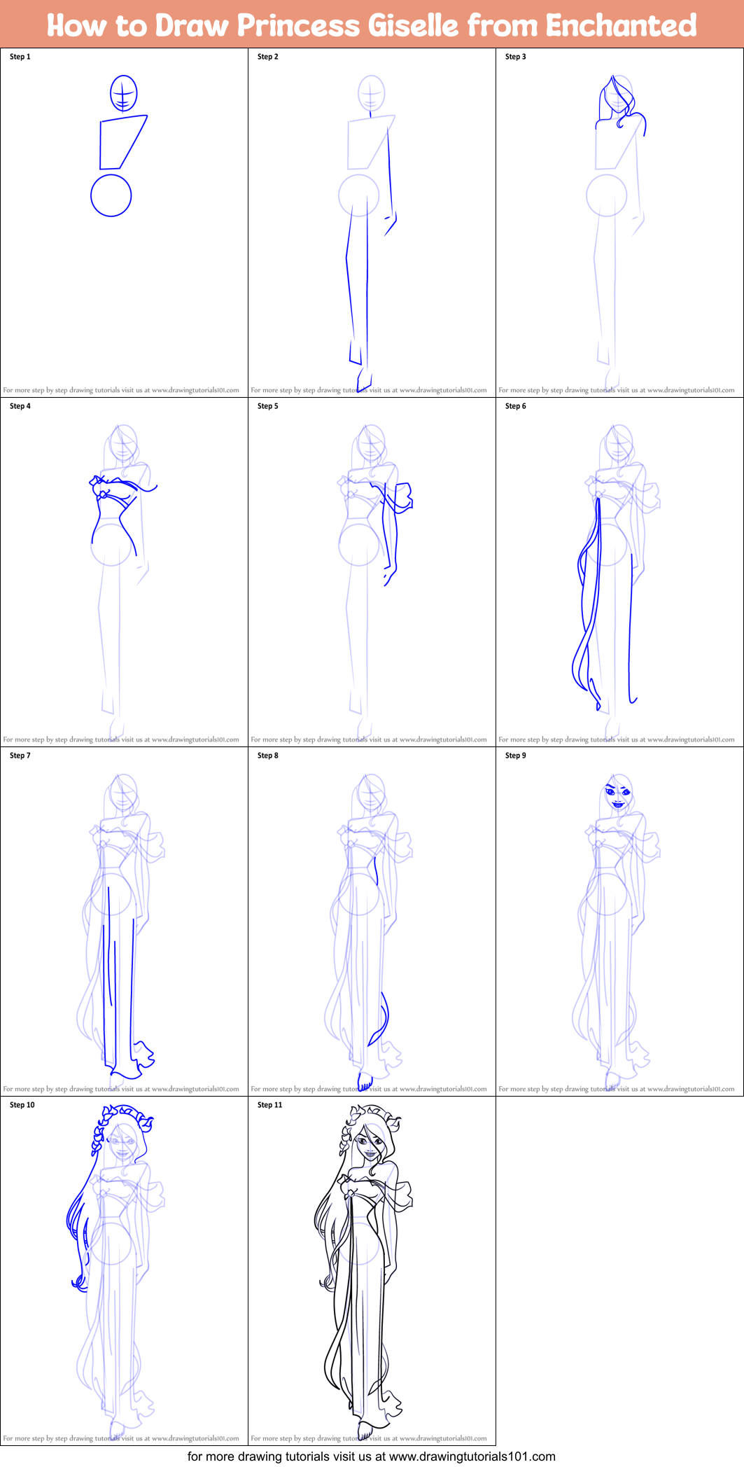 How to Draw Princess Giselle from Enchanted Printable Step by Step