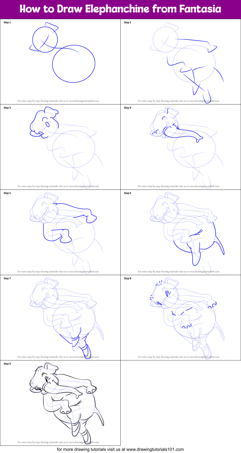 How to Draw Elephanchine from Fantasia Printable Step by Step