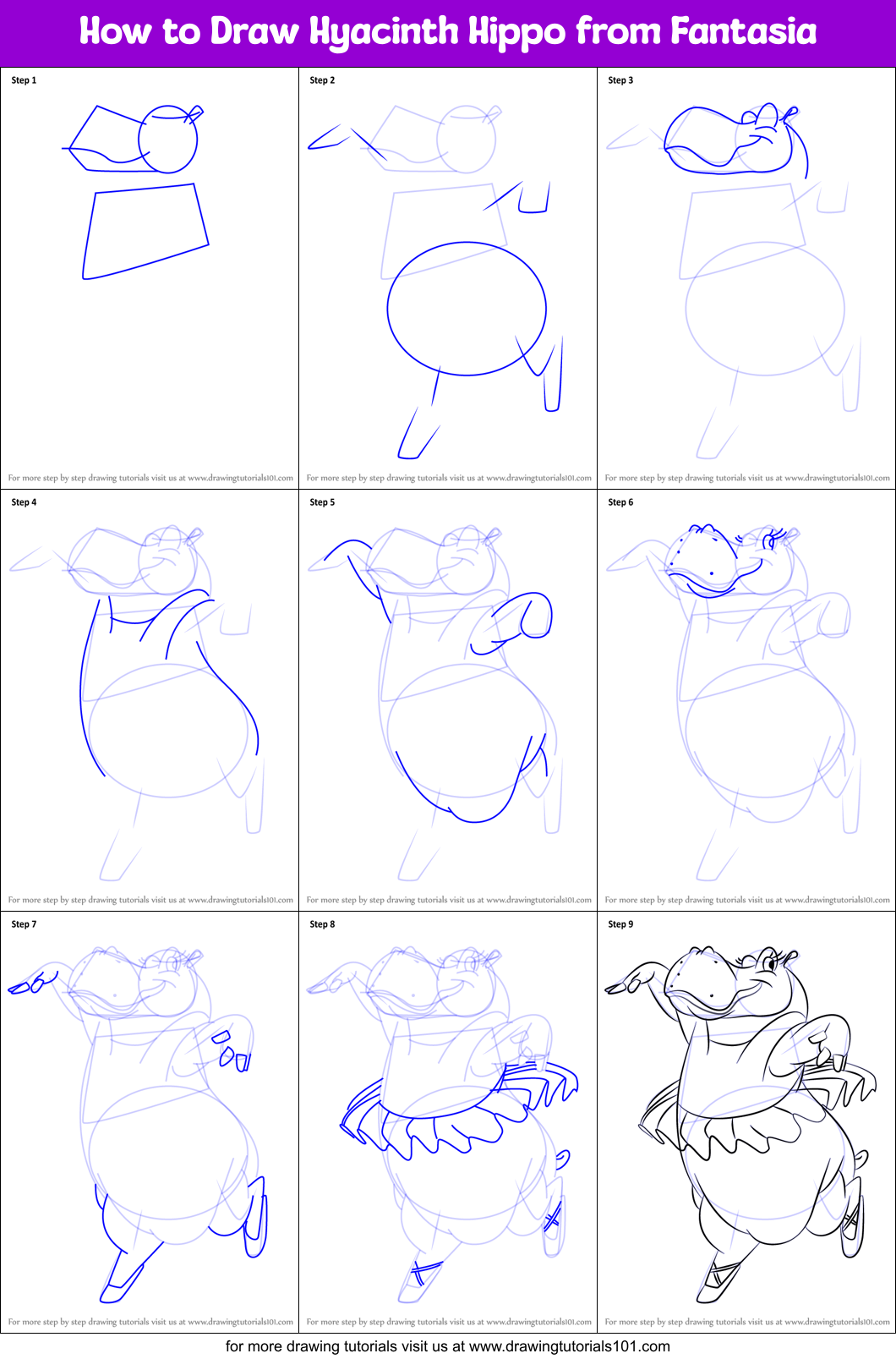 How to Draw Hyacinth Hippo from Fantasia Printable Step by Step