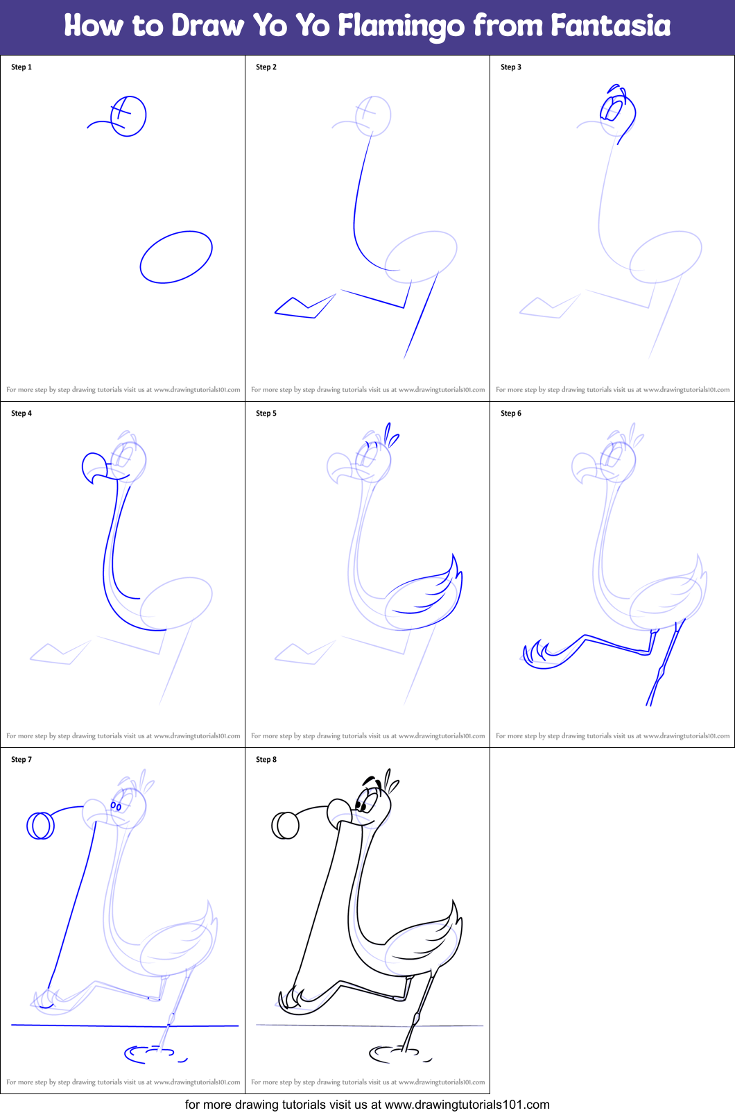 How to Draw Yo Yo Flamingo from Fantasia Printable Step by Step