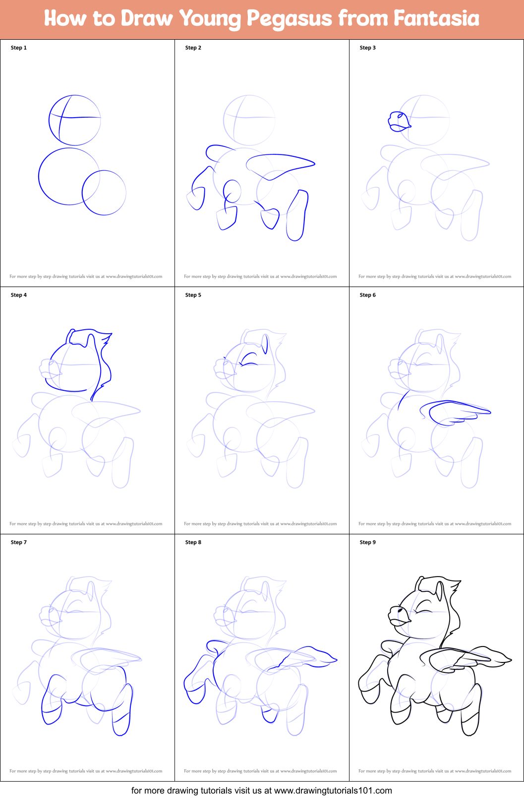 How to Draw Young Pegasus from Fantasia Printable Step by Step