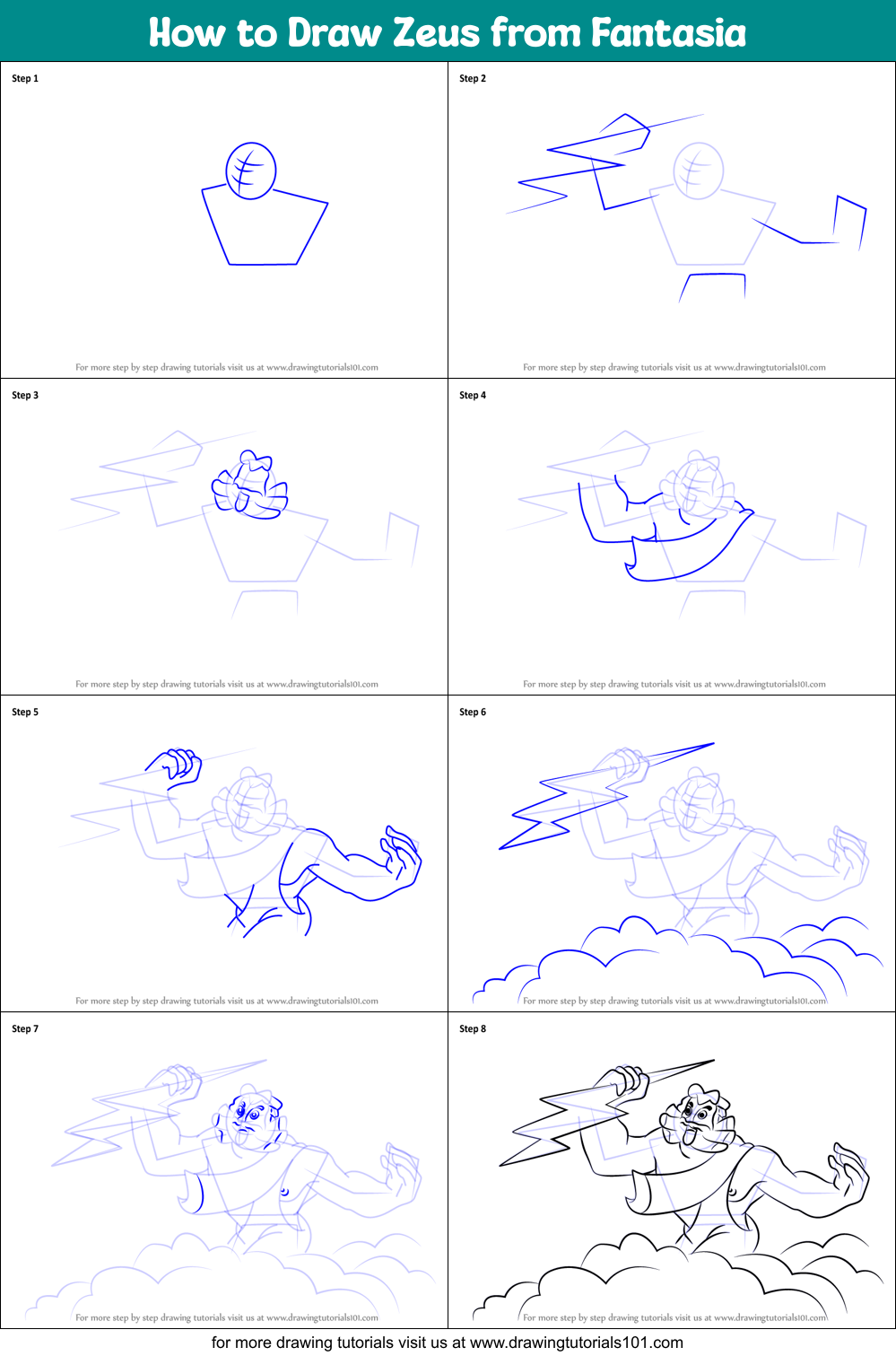 How to Draw Zeus from Fantasia printable step by step drawing sheet ...