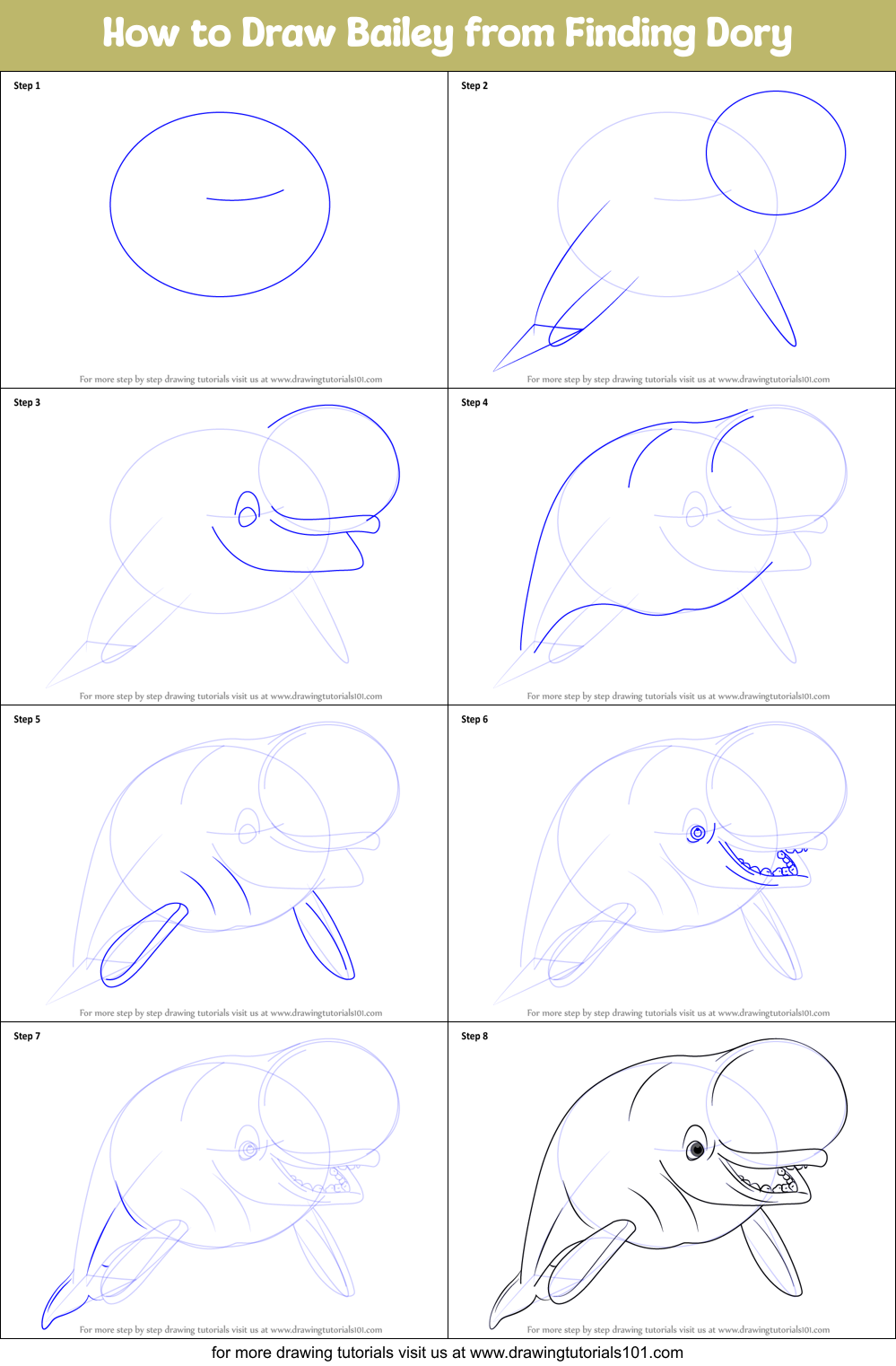 How to Draw Bailey from Finding Dory Printable Step by Step
