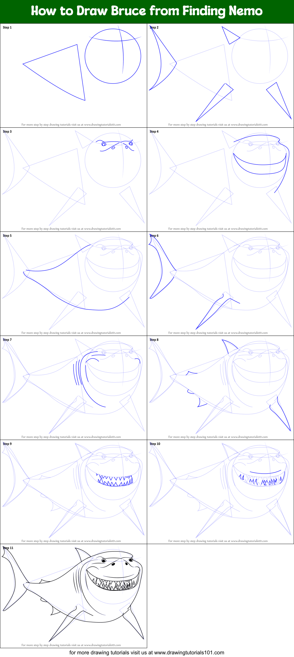How to Draw Bruce from Finding Nemo printable step by step drawing