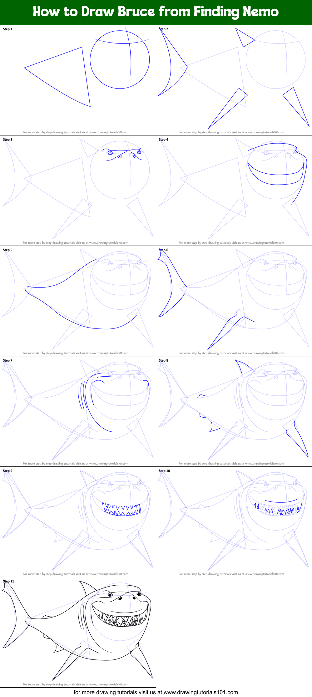 How to Draw Bruce from Finding Nemo Printable Step by Step