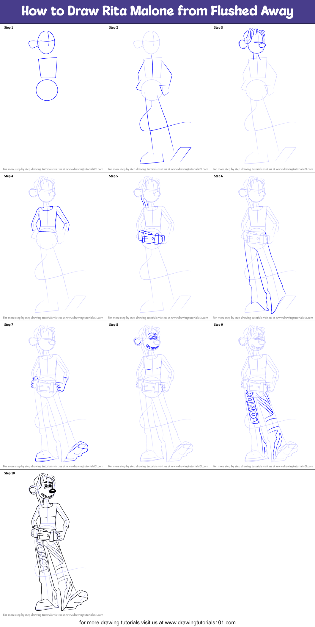 How to Draw Rita Malone from Flushed Away Printable Step by Step