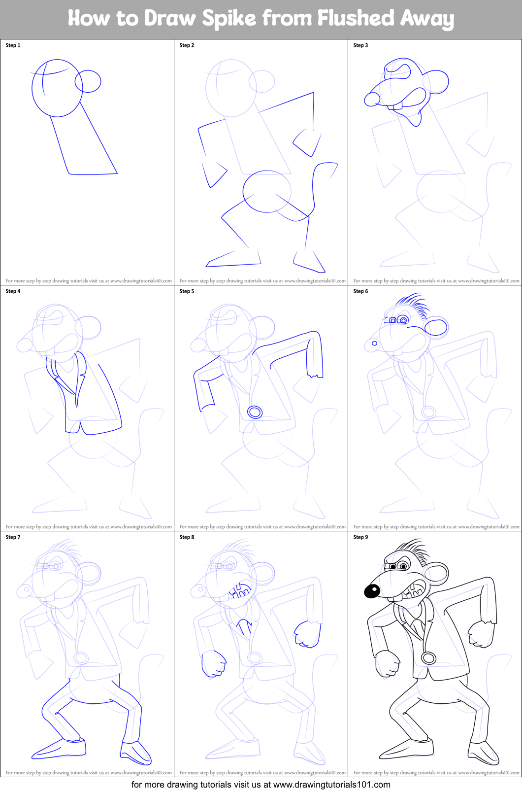 How to Draw Spike from Flushed Away Printable Step by Step