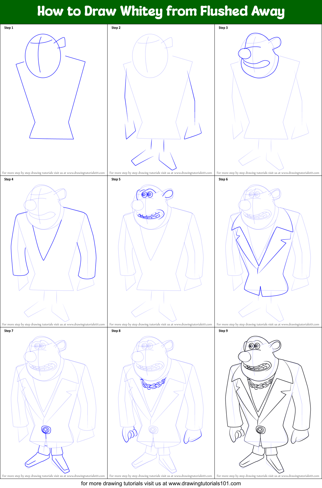 How to Draw Whitey from Flushed Away Printable Step by Step
