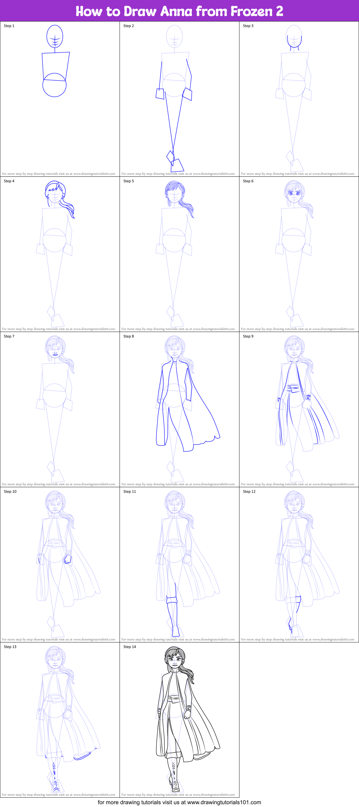 How to Draw Anna from Frozen 2 Printable Step by Step