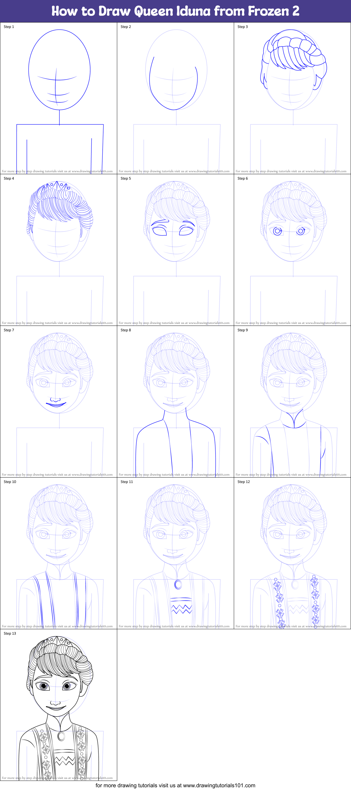 How to Draw Queen Iduna from Frozen 2 Printable Step by Step