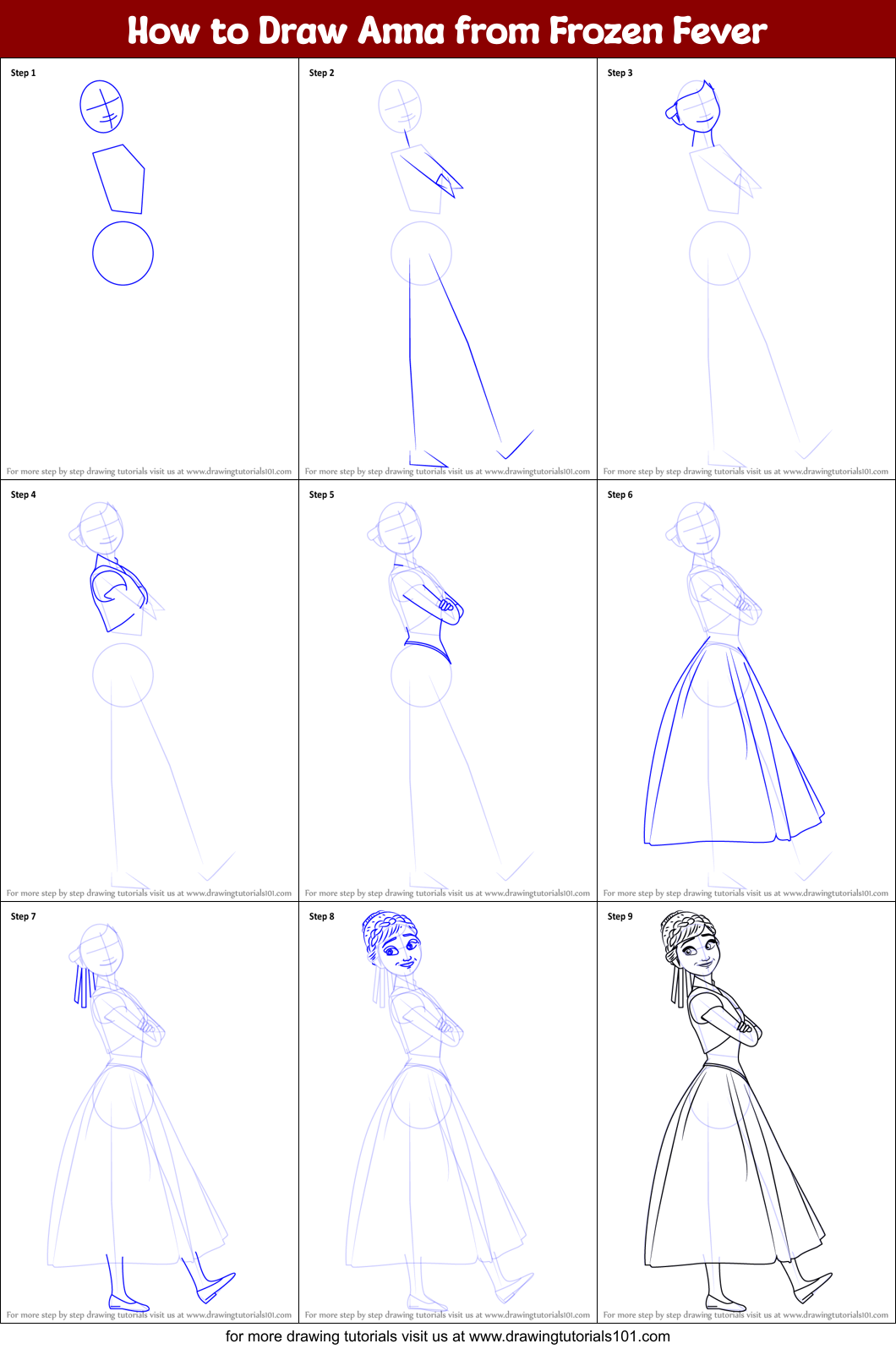 How to Draw Anna from Frozen Fever Printable Step by Step