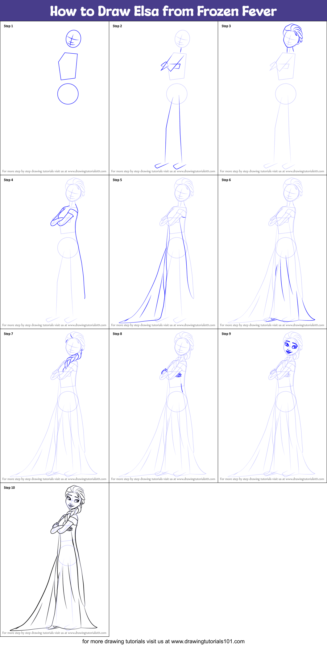 How to Draw Elsa from Frozen Fever Printable Step by Step