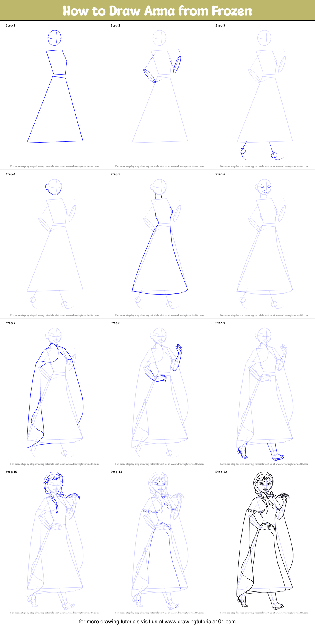 How to Draw Anna from Frozen printable step by step drawing sheet