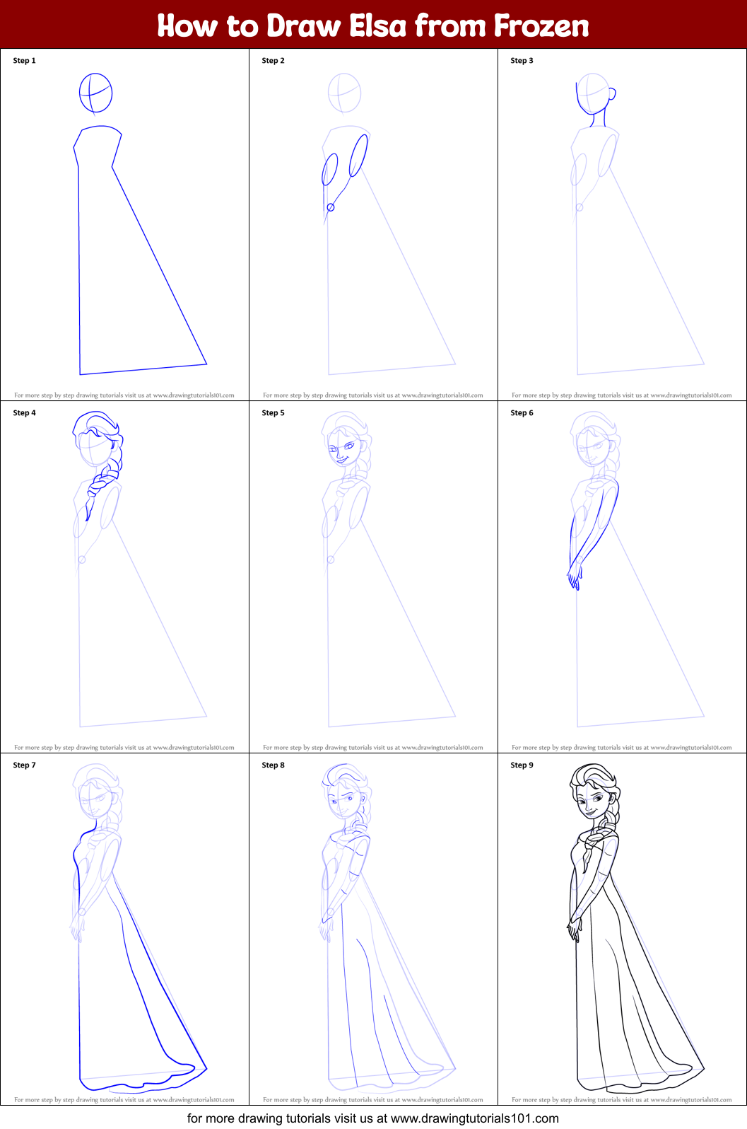 How to Draw Elsa from Frozen printable step by step drawing sheet