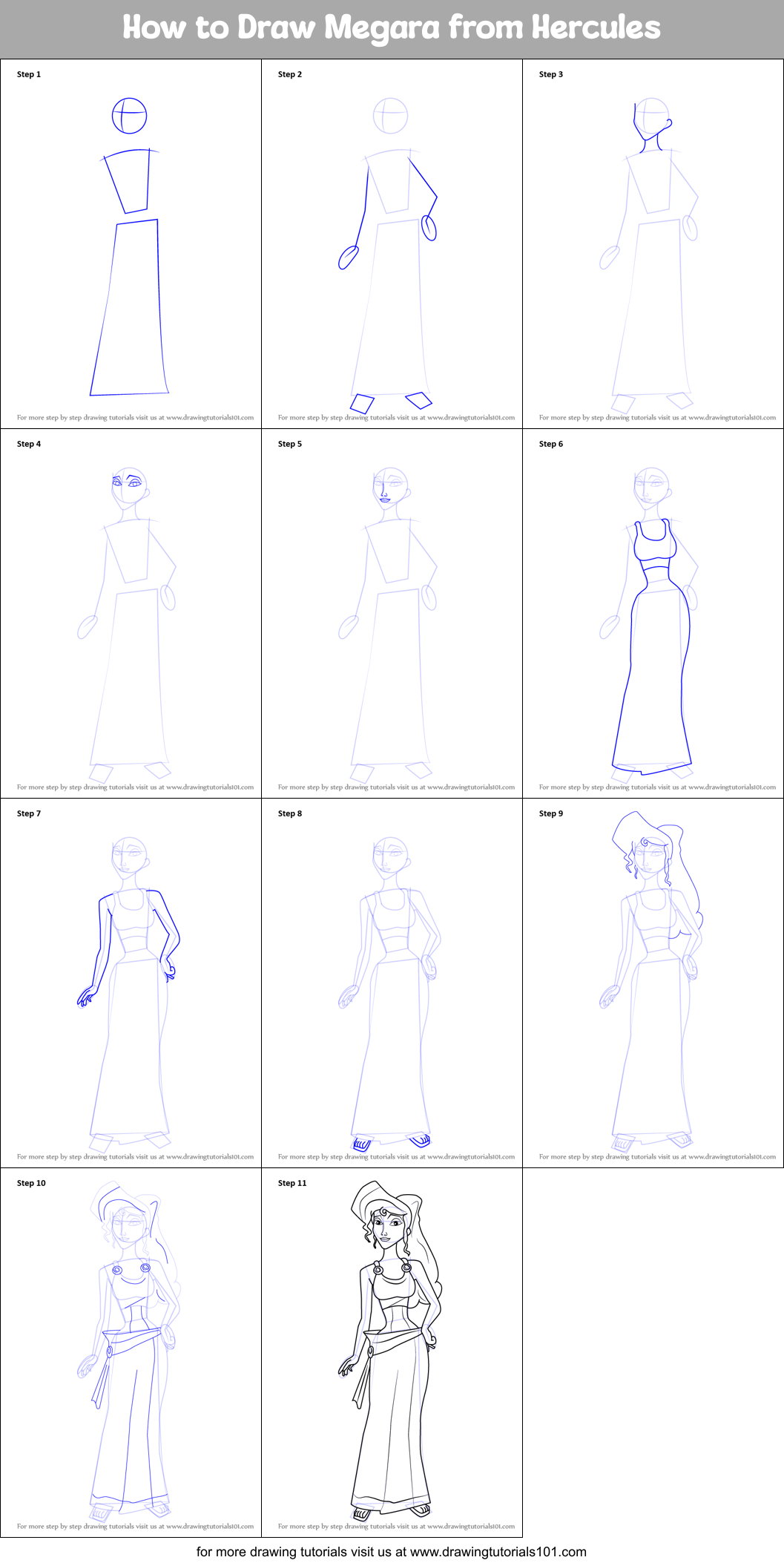 How to Draw Megara from Hercules Printable Step by Step
