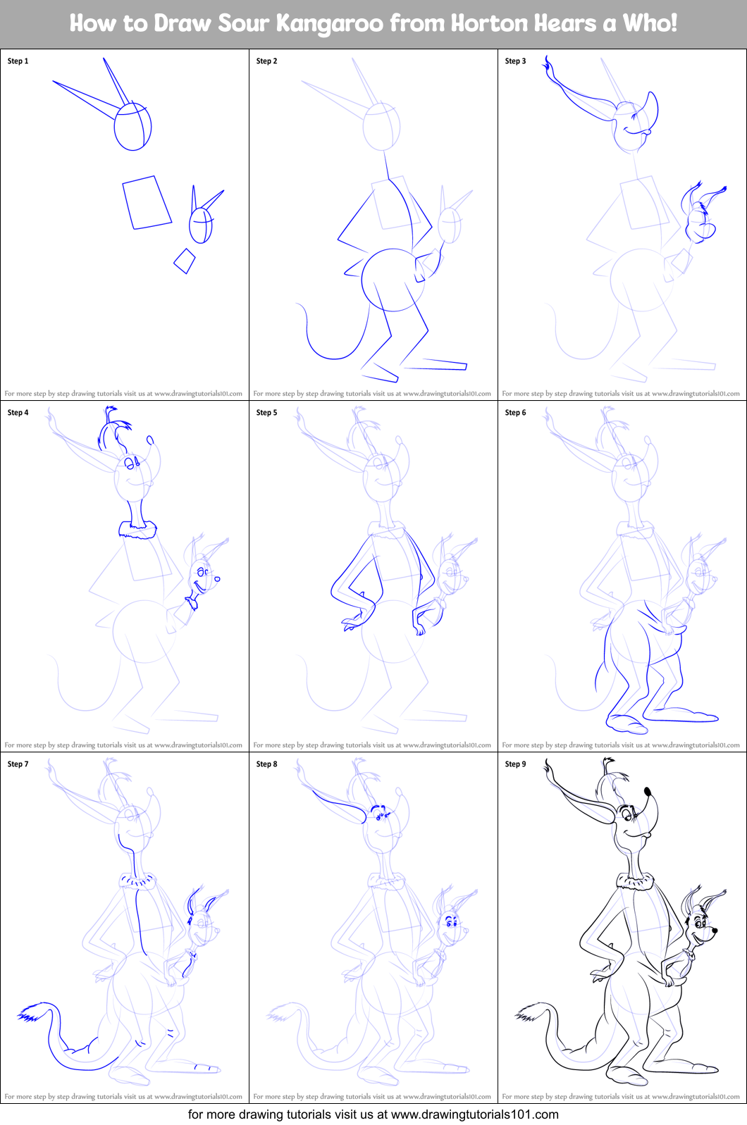 How to Draw Sour Kangaroo from Horton Hears a Who! Printable Step by Step