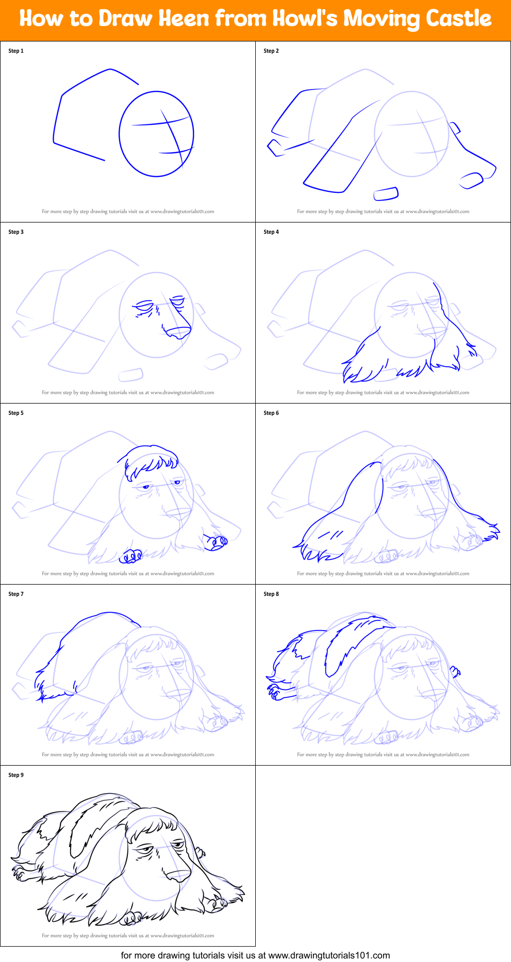 How to Draw Heen from Howl's Moving Castle Printable Step by Step