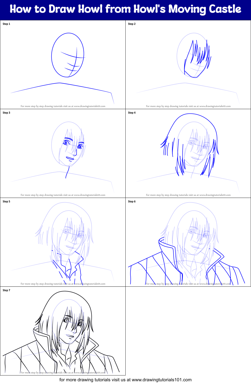 How to Draw Howl from Howl's Moving Castle Printable Step by Step