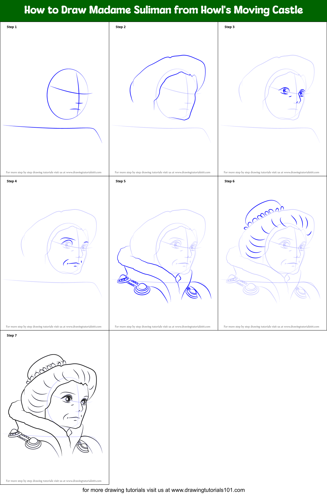 How to Draw Madame Suliman from Howl's Moving Castle Printable Step by Step