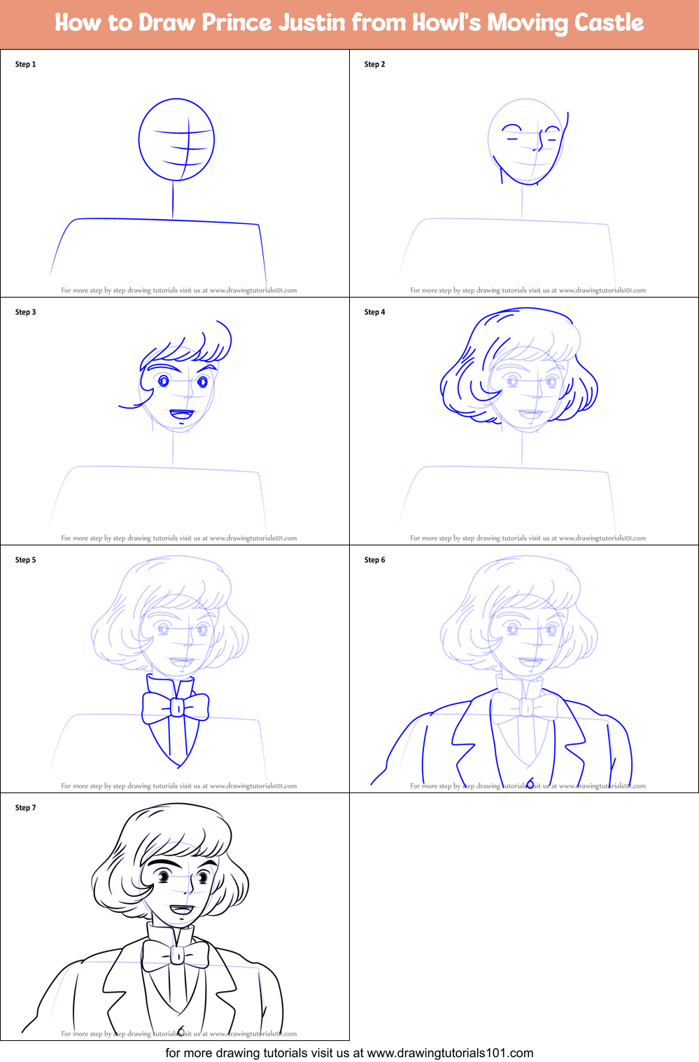 How to Draw Prince Justin from Howl's Moving Castle Printable Step by Step