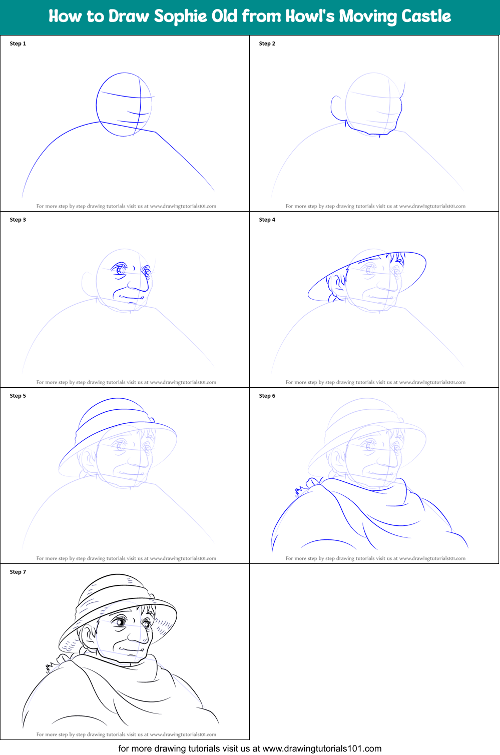 How to Draw Sophie Old from Howl's Moving Castle Printable Step by Step