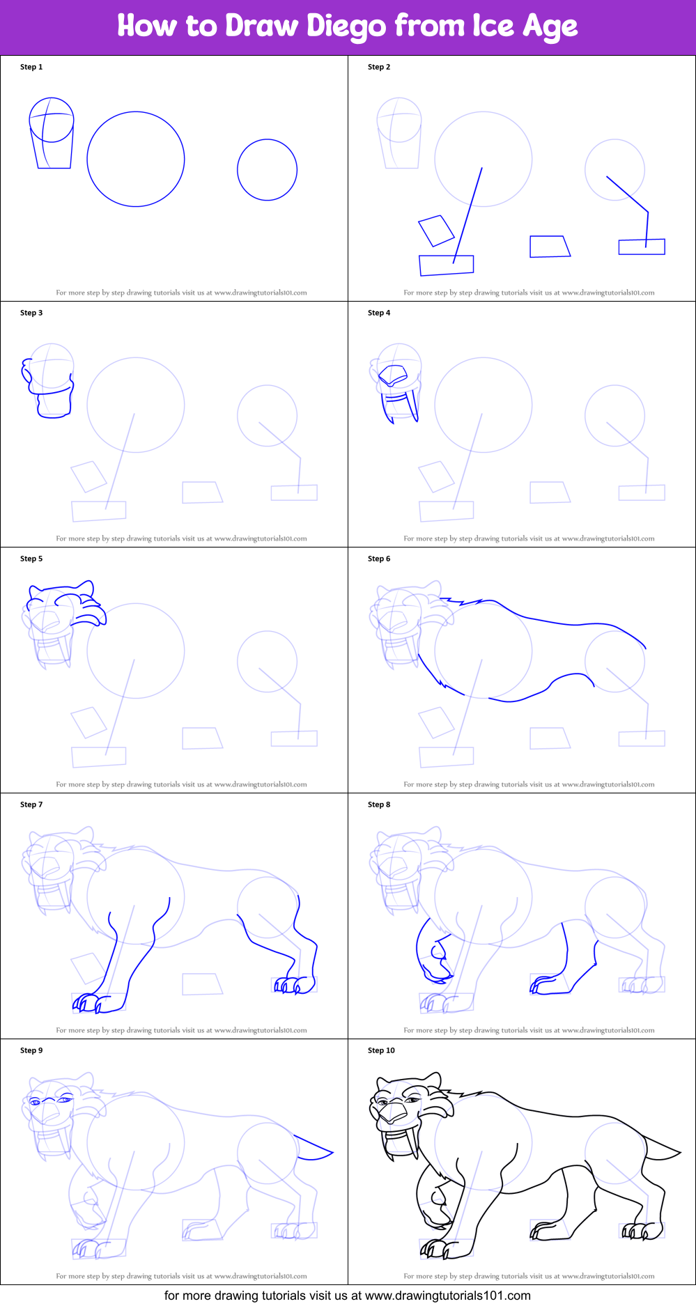 How to Draw Diego from Ice Age Printable Step by Step