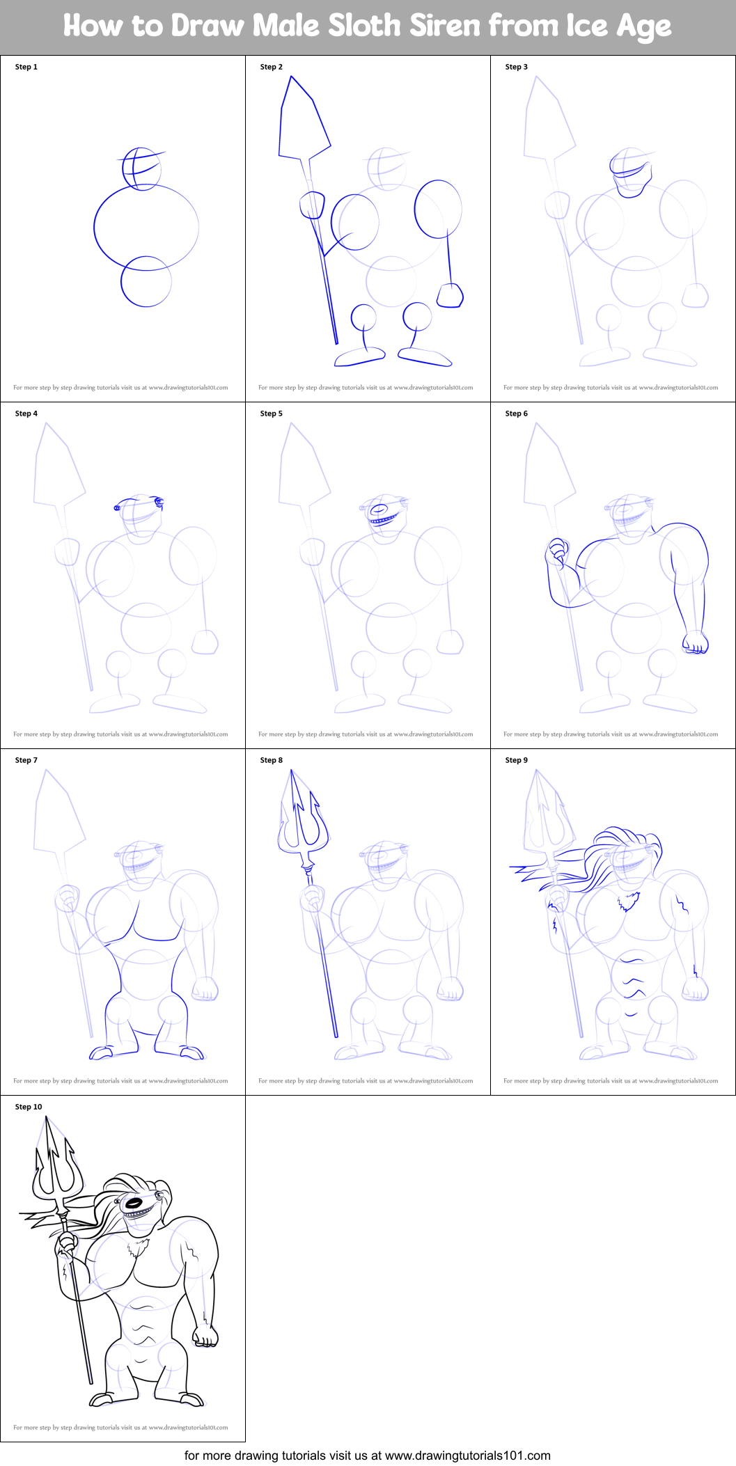 How to Draw Male Sloth Siren from Ice Age Printable Step by Step