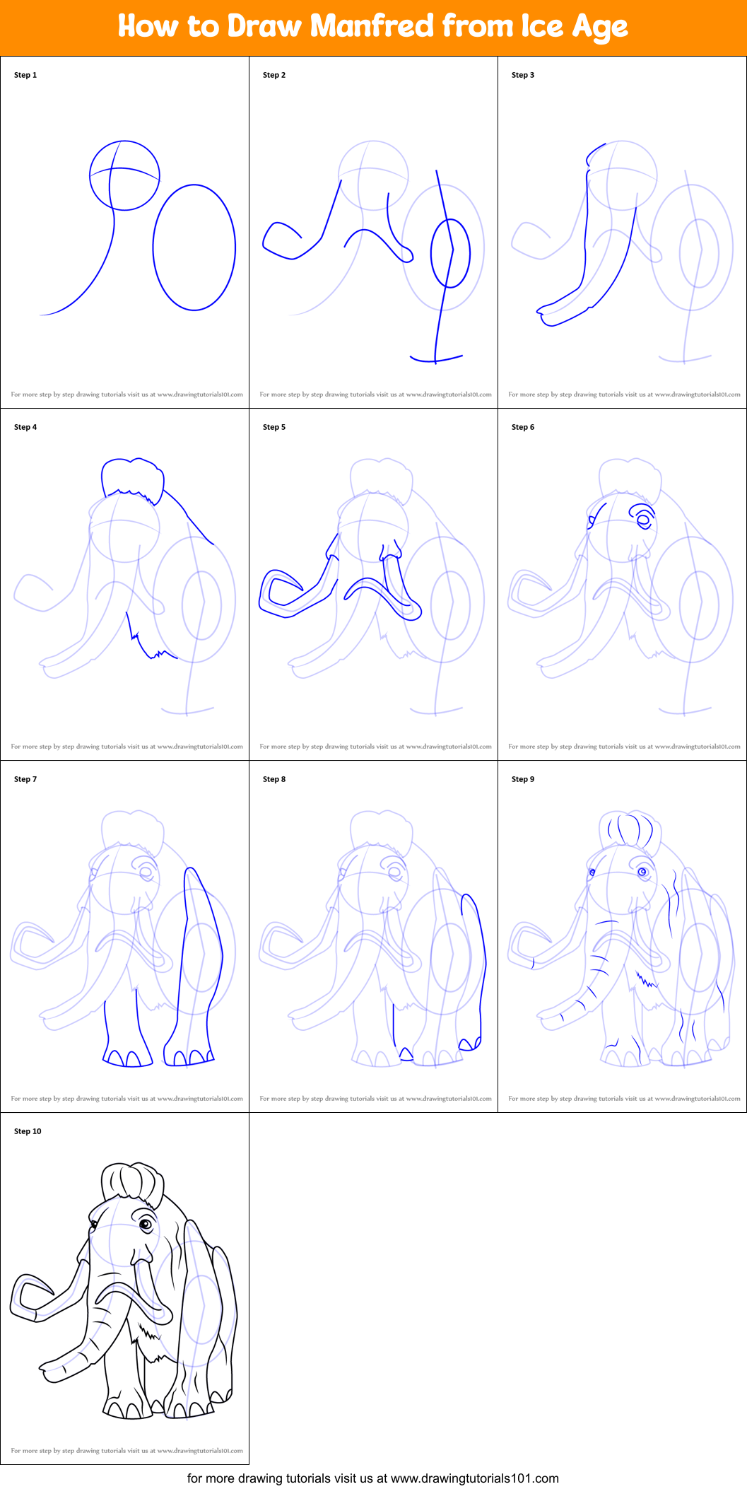How to Draw Manfred from Ice Age Printable Step by Step