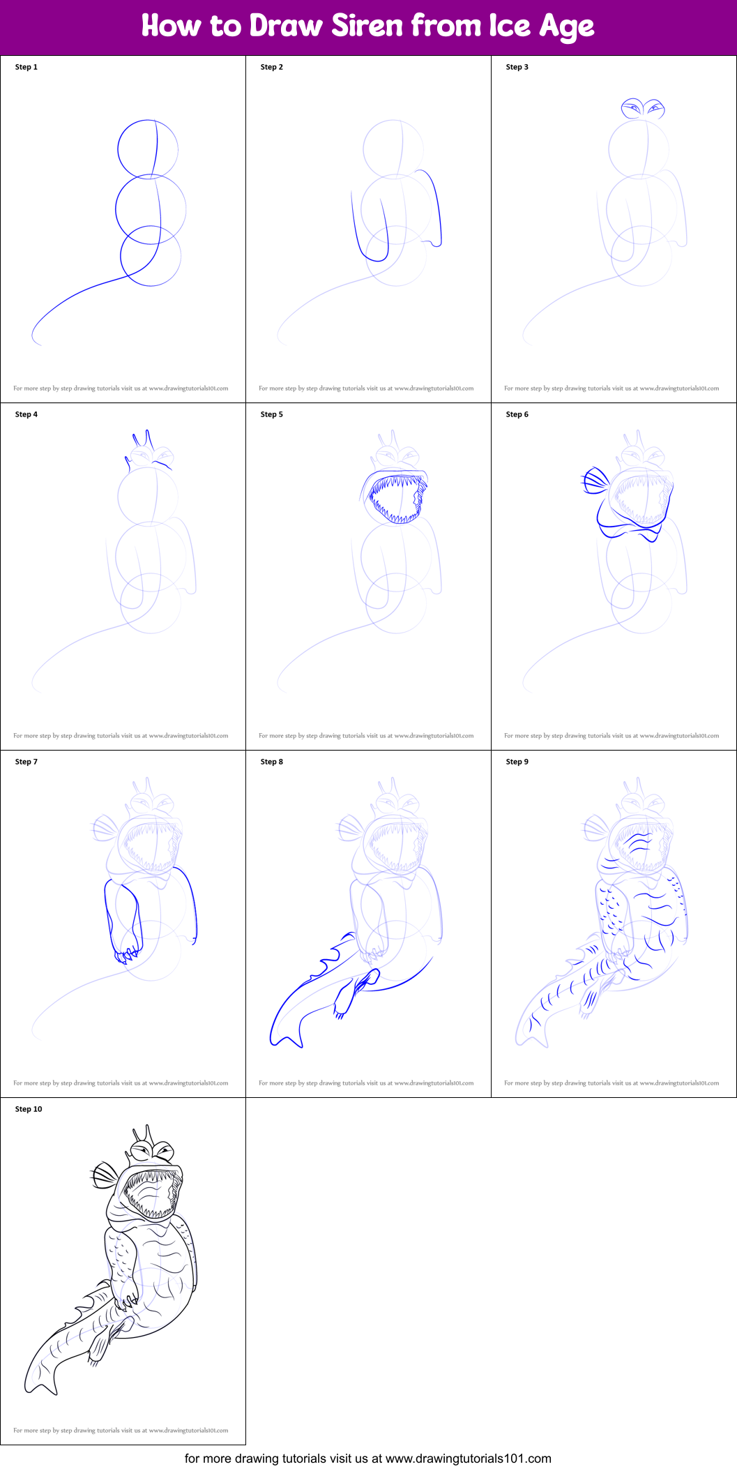 How to Draw Siren from Ice Age Printable Step by Step