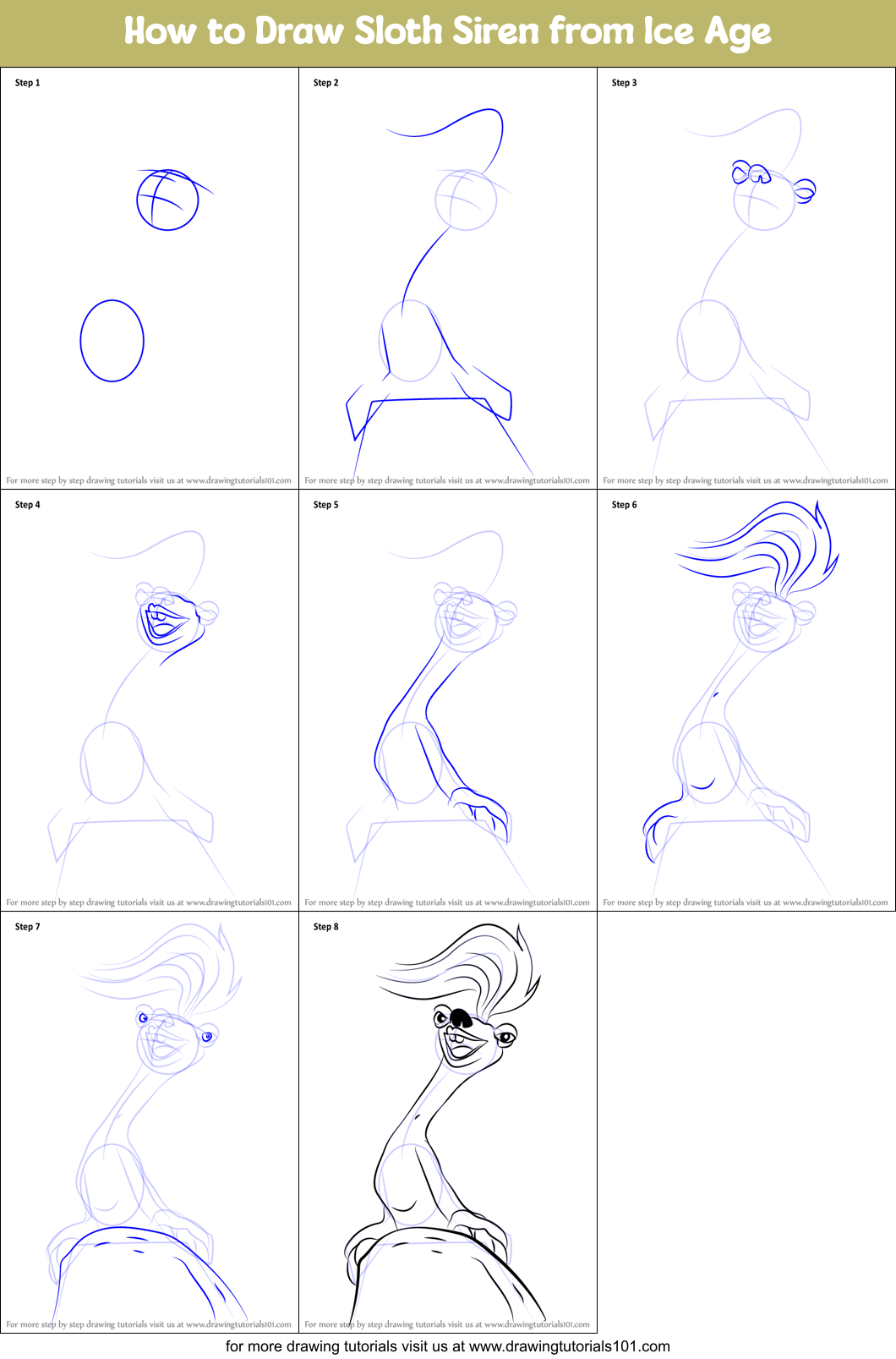 How to Draw Sloth Siren from Ice Age Printable Step by Step