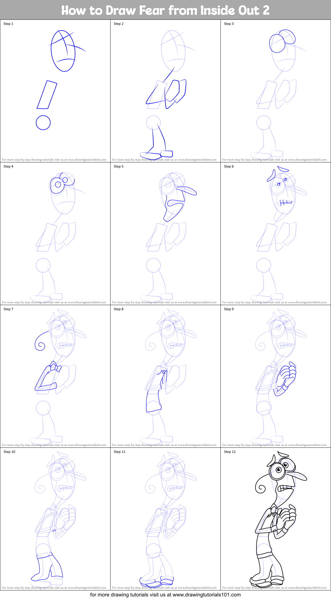 How to Draw Fear from Inside Out 2 Printable Step by Step